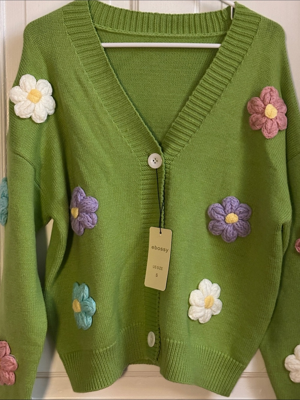 Ebossy Green Cardigan with Multicolor Flower Appliqués